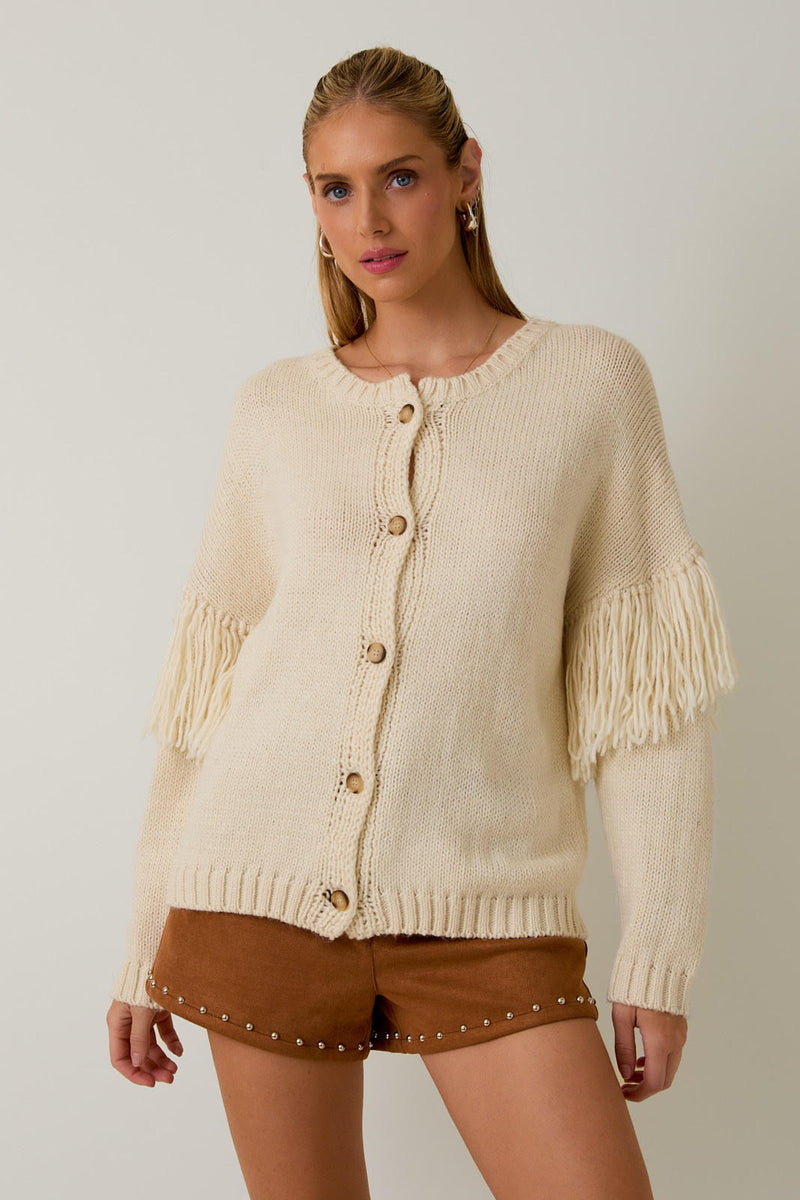 Round Neck Long Sleeve Fringe Cardigan