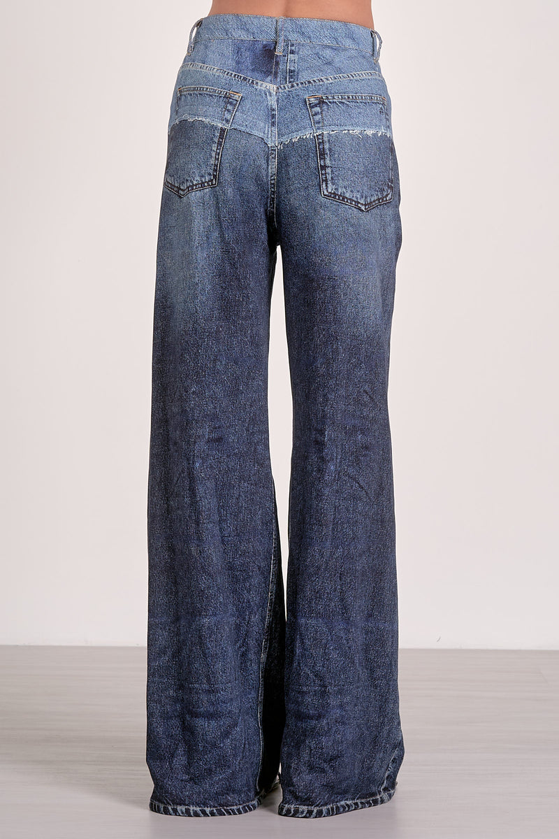 Stylish Elan two-tone wide-leg pants featuring a relaxed fit in a deep blue denim with contrasting back pockets, perfect for Long Island boutique fashion.