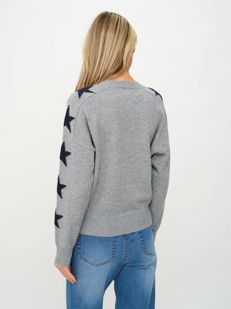 Cozy gray Game Day Graphic Sweater featuring navy star details on the sleeves, ideal for relaxed Long Island boutique fashion.