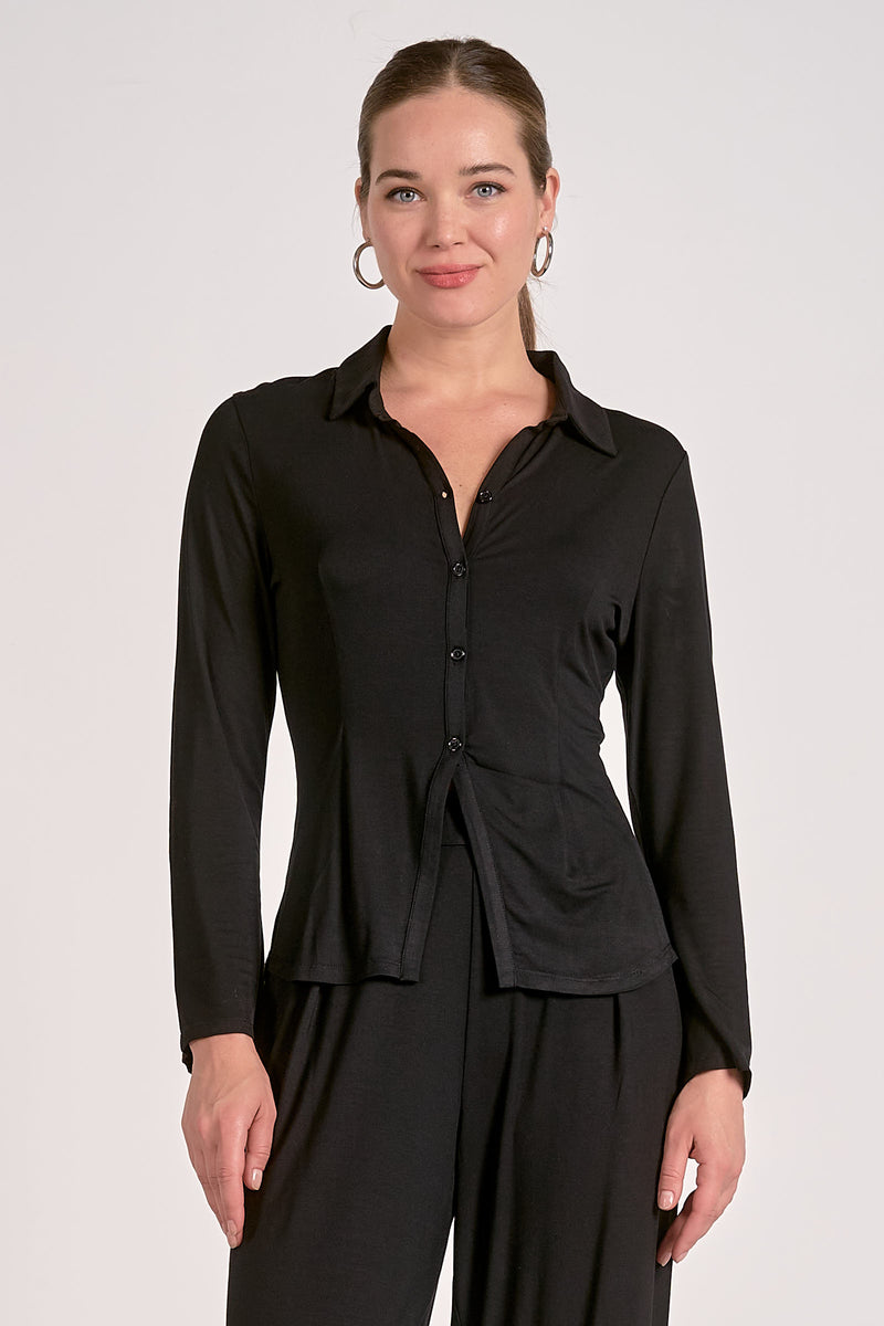 Sleek black long sleeve button top with a collared neckline and relaxed fit, perfect for casual or polished looks in Long Island boutique fashion.
