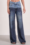 Two-tone wide-leg jeans in a light to dark denim gradient, offering a relaxed fit, perfect for stylish Long Island boutique fashion.