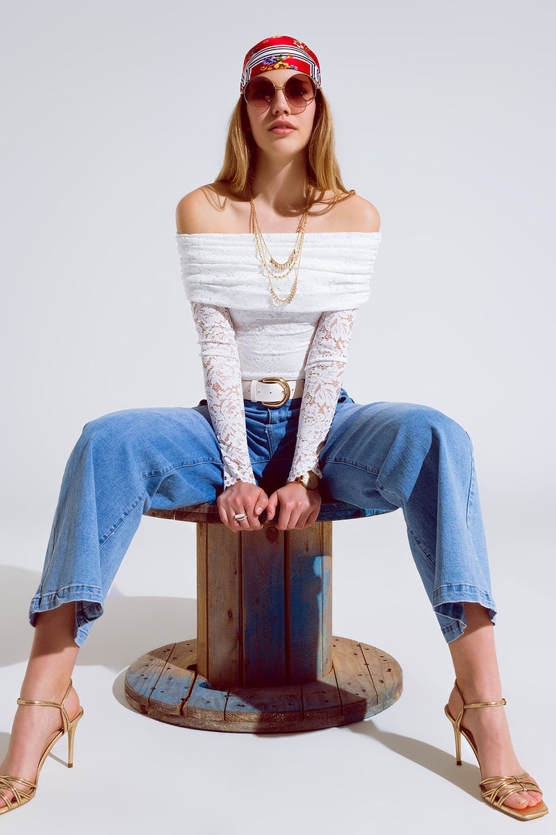 White Lace Bodycon Off the Shoulder Top