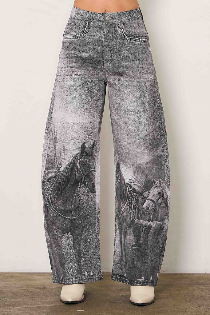 Vibrant M.i.U Western Black Horse Digital Printed Baggy Jeans