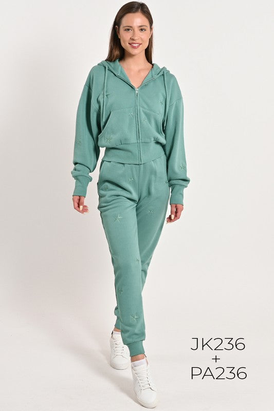 Fleece Relaxed Jogger w/ Star Embroidery - Sage