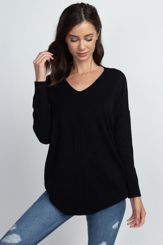 Oversized V-Neck Sweater - Black