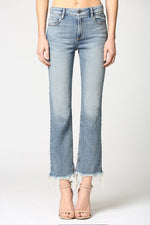 Hidden Inseam Mid Rise Cropped Flare w Slit Jeans