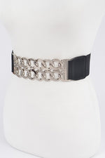 Metal Linked Buckle Elastic Belt - Black Silver