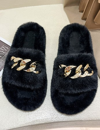 One Band Gold Chain Fur Slippers - Black