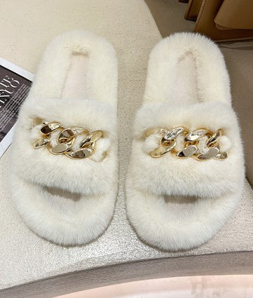 One Band Gold Chain Fur Slippers - Beige