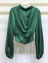 Venti6 - Puffy Sleeve Mock Neck Satin Crop Top