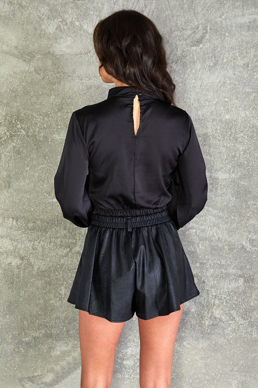 Venti6 - Puffy Sleeve Mock Neck Satin Crop Top