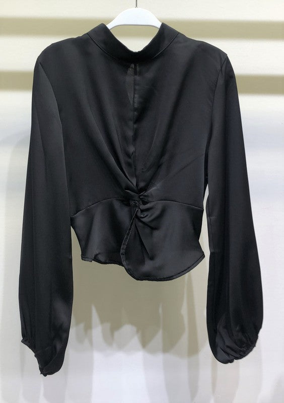 Venti6 - Puffy Sleeve Mock Neck Satin Crop Top