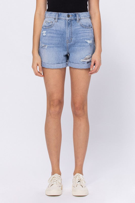 Hidden Rolled Cuff Distressed Mom Shorts
