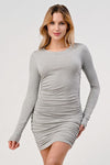 Side Shirring Long Sleeve Rib Dress - H Grey