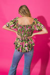 Printed Woven Top w/ Surplice Neckline - Black