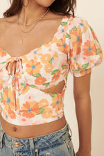Floral Sweetheart Neck Side Cutouts Crop Top
