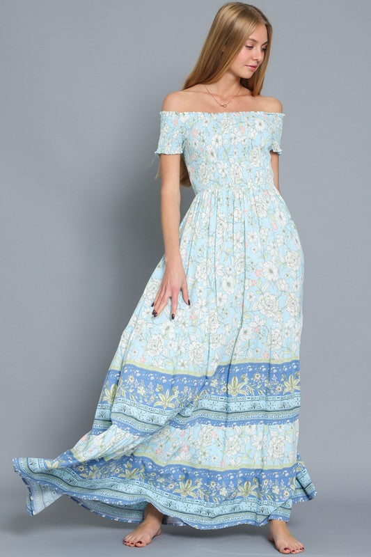 Off Shoulder Smocked Tiered Maxi Dress