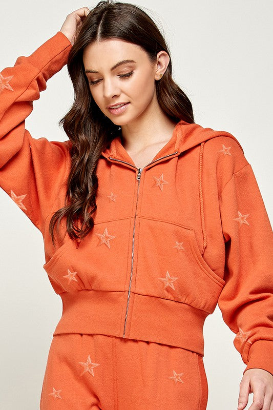 Cropped Hoodie w/ Star Embroidery - Dusty Orange