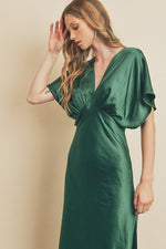 Satin Blouson Maxi Dress - Dark Emerald