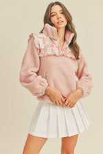 Ruffle Flounce Fluffy Half Zip Sweater - Dusty Pink