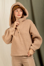 Casual Hooded Solid Fleece Top - Mocha