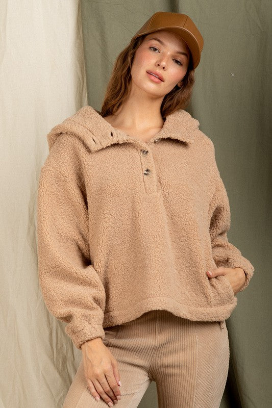 Casual Hooded Solid Fleece Top - Mocha