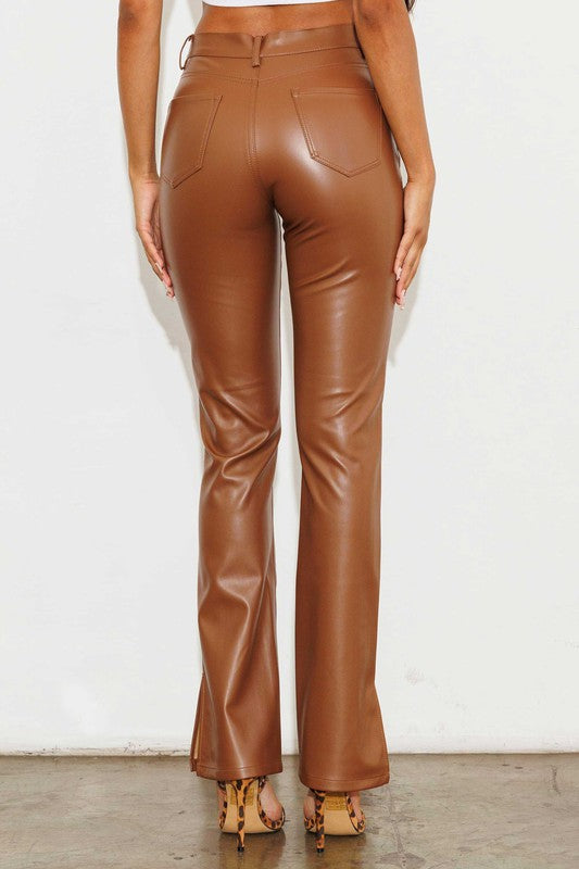 Vibrant Vegan Leather Side Slit Bootcut Pants - Cognac