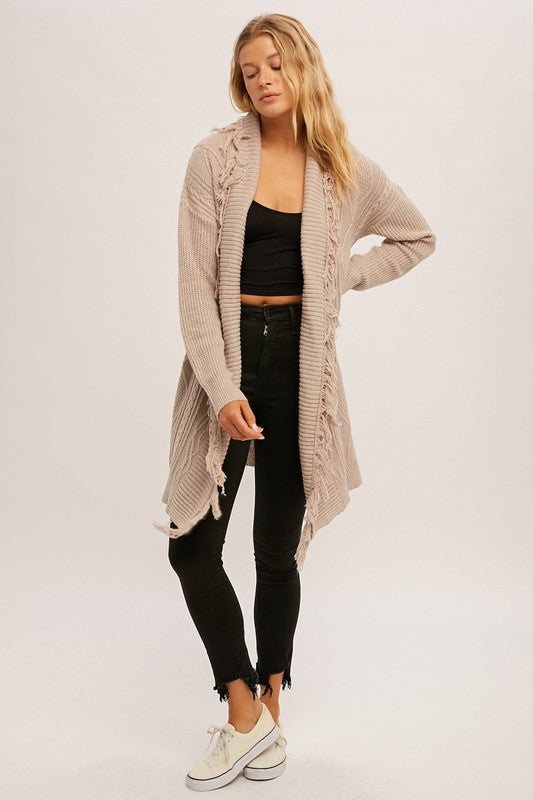 Cable Knit Fringe Belted Wrap Long Cardigan