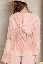 Open Knit Button Down Pocket Hooded Shirt - Peach Multi