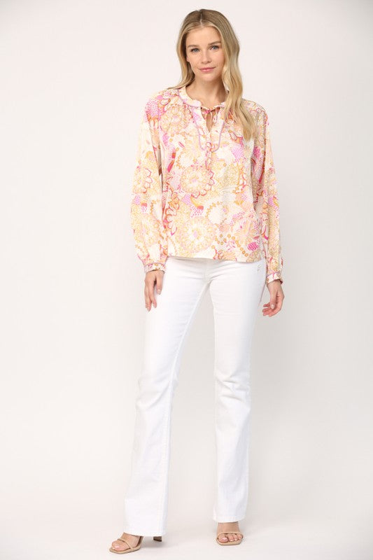 Floral Print Contrast Piping Split Neck Tie Blouse