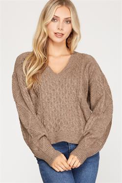 Long Sleeve V-Neck Cable Knit Sweater Top