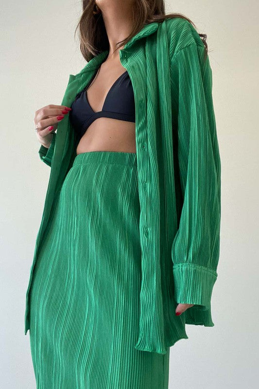 Pleated Long Sleeve Top and Skirt