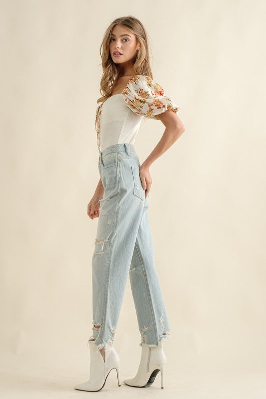 Satin Floral Puff Sleeve Bodysuit