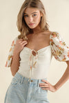 Satin Floral Puff Sleeve Bodysuit
