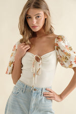Satin Floral Puff Sleeve Bodysuit