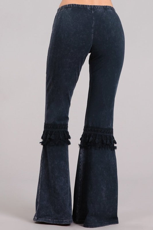 Bell Bottom Pants with Fringed Crochet Lace - Navy