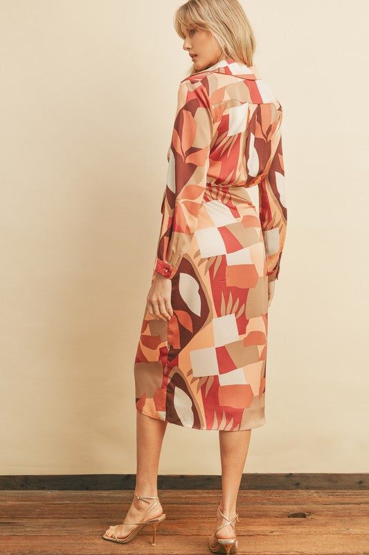 Geometric Palm Midi Shirt Wrap Dress