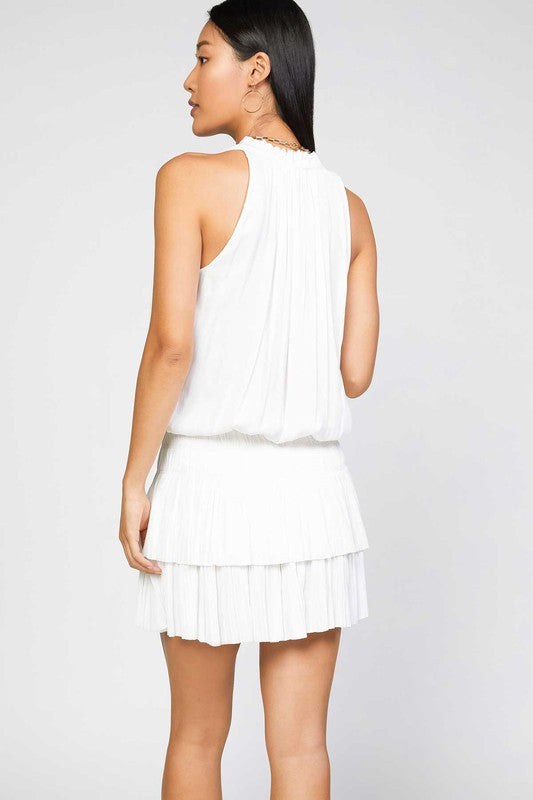 Sleeveless Split Ruffled Neck w/ Tie Mini Dress - White