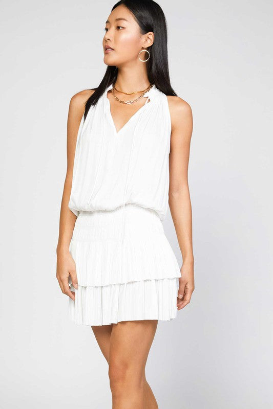 Sleeveless Split Ruffled Neck w/ Tie Mini Dress - White