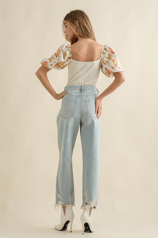 Satin Floral Puff Sleeve Bodysuit