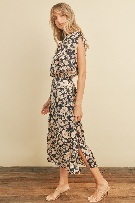 Indigo Mood Blouson Satin Slit Dress